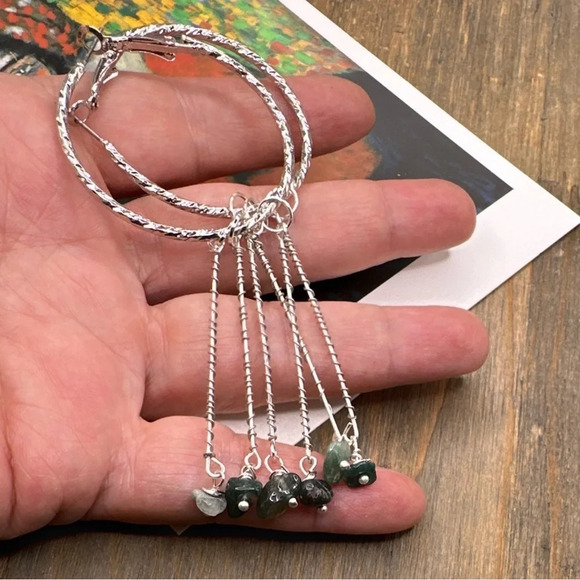 Moss Agate maxi silver very long tassel hoop earrings/art deco vibes - Picture 2 of 9